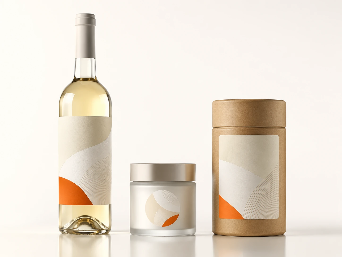 Self adhesive sticker labels on a wine bottle, cosmetic jar and kraft container — Labelex product range